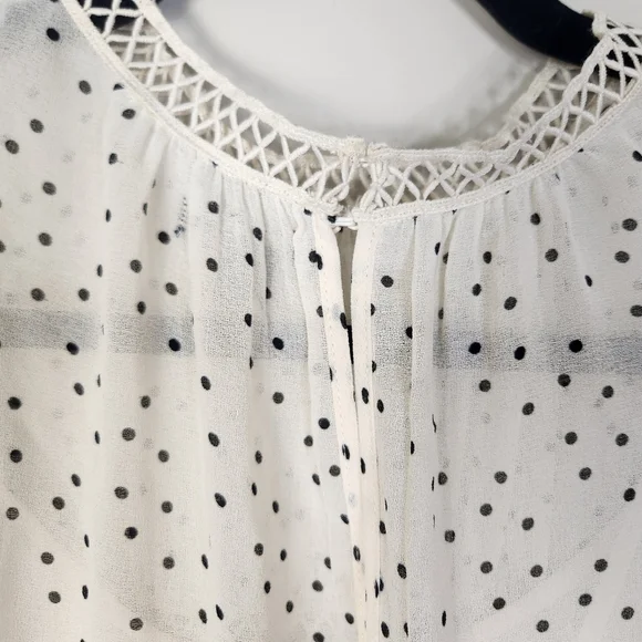 Women's Cream & Black Speck Print Peasant High Neck Sheer Blouse Large - Picture 9 of 16